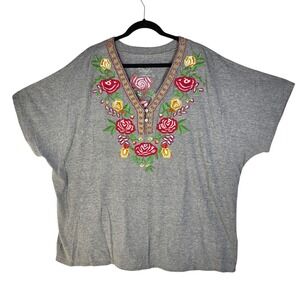 Caite Womens 2X Gray Cotton Embroidered Floral V-Neck Dolman Sleeve Boho Top